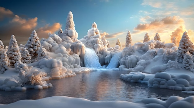 Photo a frozen waterfall with a sunset and the sky in the background