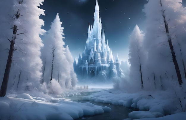 A frozen wonderland with towering ice trees and sparkling snowcovered ground