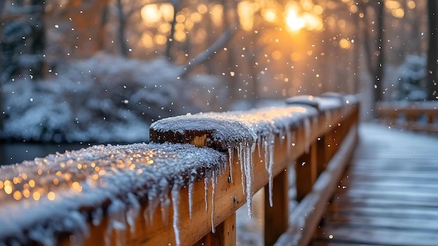 Photo frozen wooden bridge with icicles and falling snow realistic image