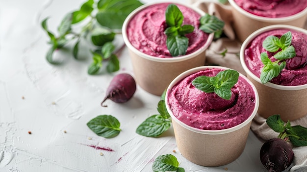 Frozen yogurt cups with blueberry swirls and fresh mint