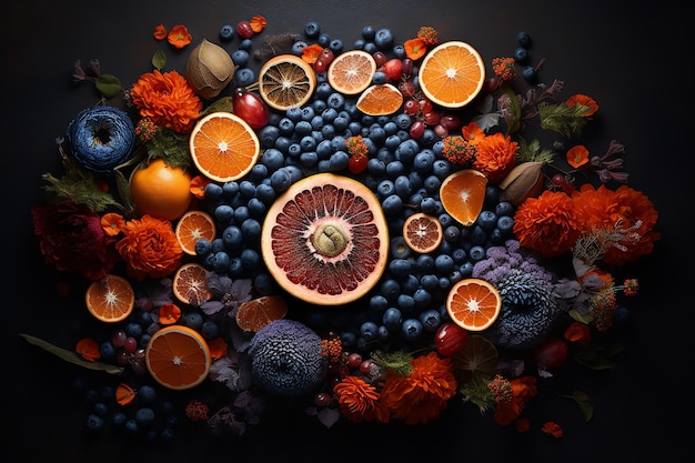 A fruit arrangement with blue and orange flowers and oranges