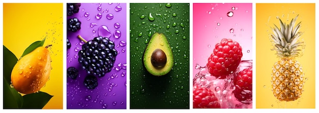 Fruit assortment background Colorful stripes with fruits berries and water drops on transparent background healthy food concept Fruits on colored backgrounds separed from each other AI