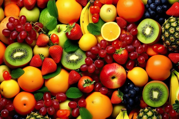 Fruit background many fresh fruits mixed together