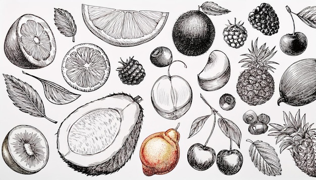 Photo fruit background in sketch style with handdrawn berries and tropical fruits