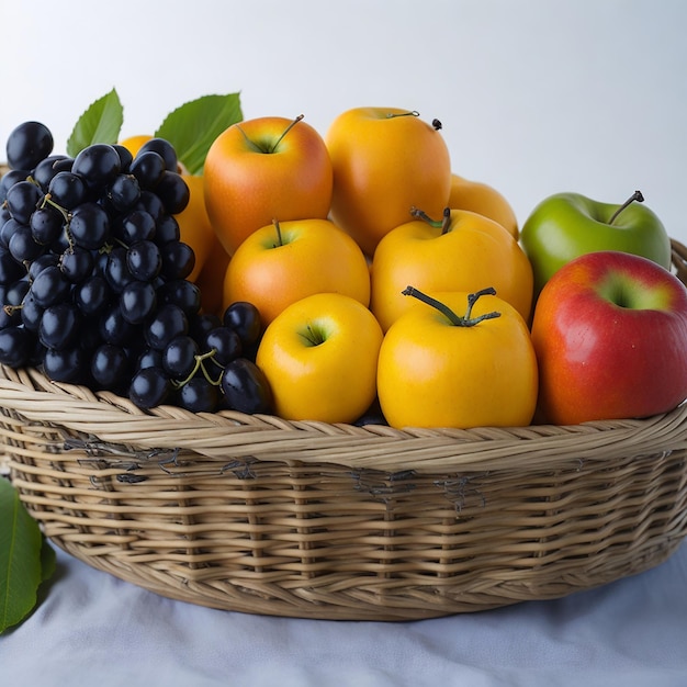 Fruit basket contain apples grapes bananas oranges on the table