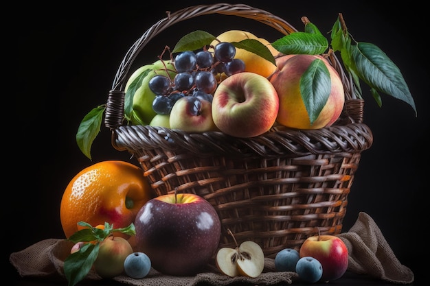 Fruit in a basket still life on a dark background