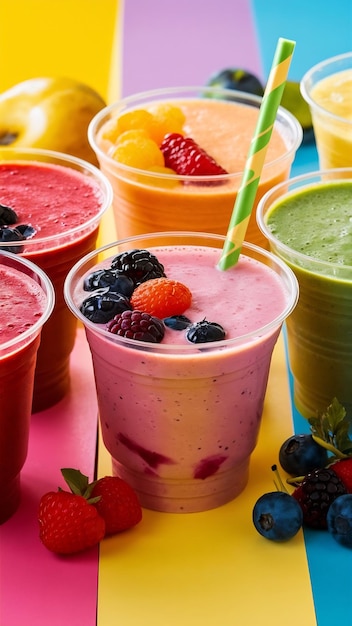 Fruit and berry healthy fresh smothie in plastic cups on bright background colorful diet concept