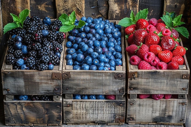 Fruit and berry mix in wooden containers