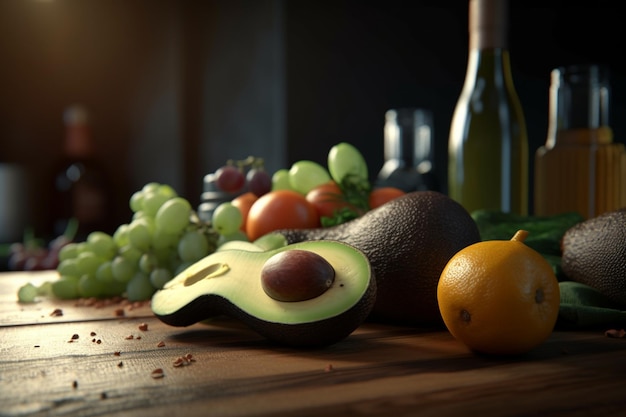 A fruit and a bottle of wine are on a table.