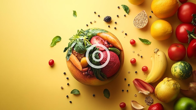 a fruit bowl with fruits and vegetables on a yellow background