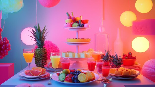 Photo fruit cake on a table in a childrens room decorated with fruits