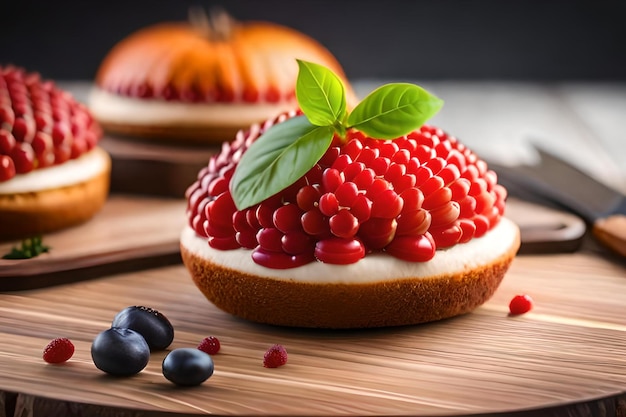 A fruit cake with berries on top