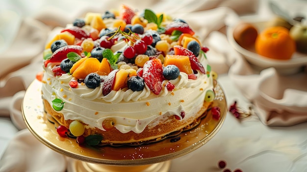 Fruit cake with cream and fruit