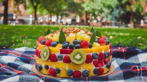 Photo a fruit cake with fruit on top of it and a kiwi on the top