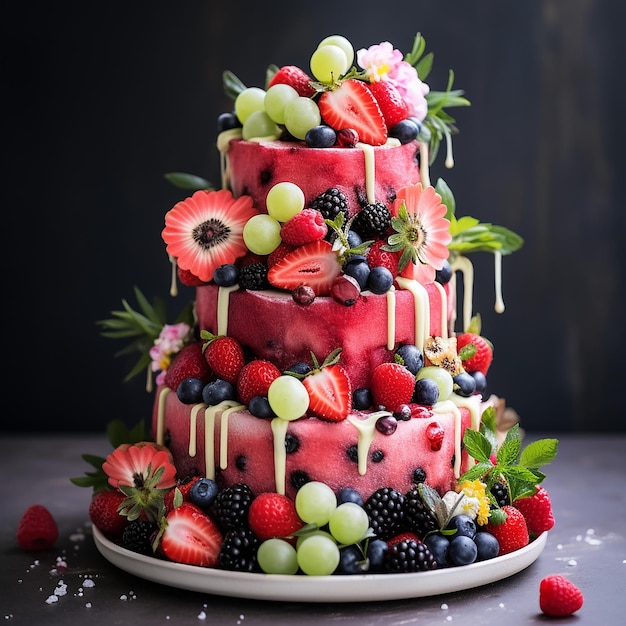 a fruit cake with a strawberry and fruit on it