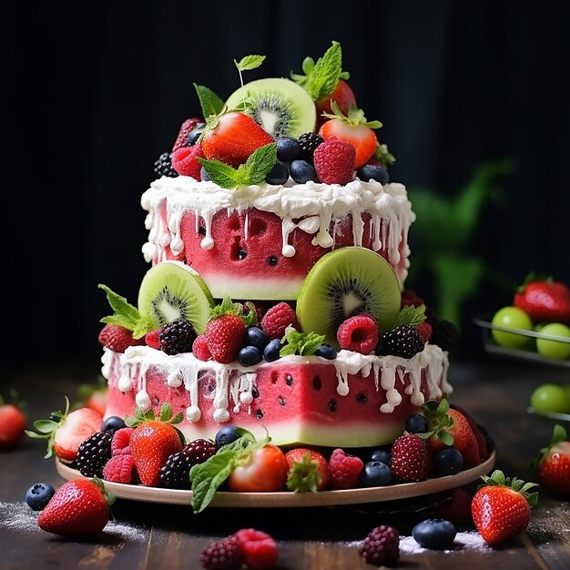 a fruit cake with a strawberry and a strawberry on the top