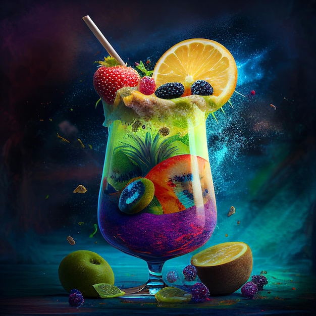 Fruit cocktail on a dark background Generative AI