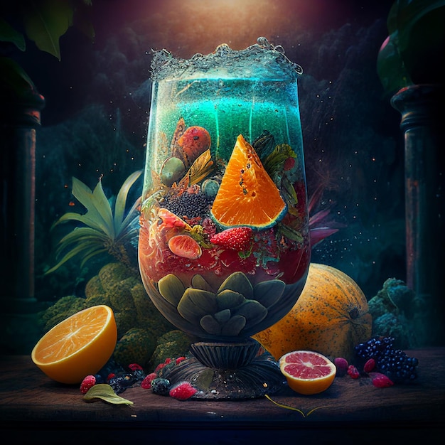 Fruit cocktail on a dark background Generative AI