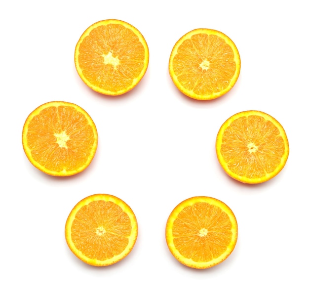 Fruit collection of orange sliced isolated on white background. Flat lay, top view