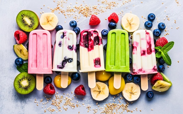 Fruit colored ice cream arranged in a row on a light gray surface