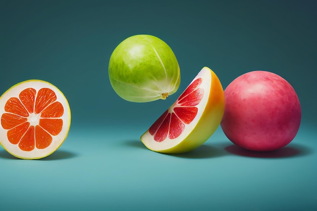 Fruit composition on blue background Sliced fruit lying on the surface