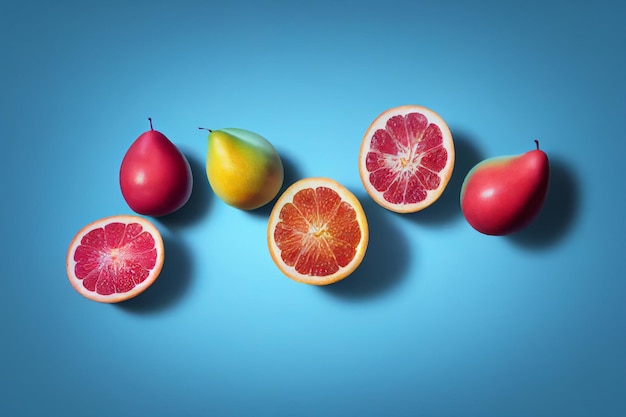 Fruit composition on blue background Sliced grapefruit orange pears lying on the surface