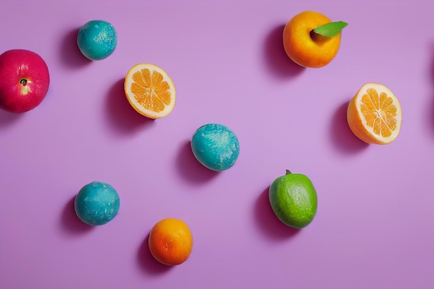 Fruit composition on purple background Sliced oranges pears apples lying on the surface