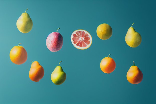 Fruit composition in the sky Soaring oranges apples lime flying in the air