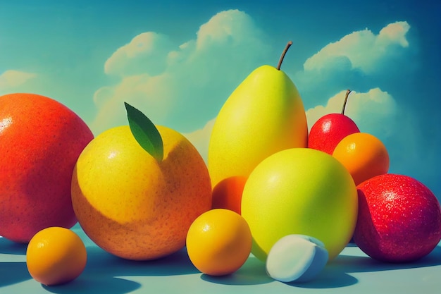 Fruit composition in the sky with clouds Fruit lying on the surface pear apple orange