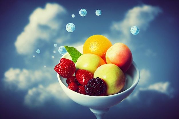 Fruit composition in the sky with clouds Soaring fruit plate of milk orange berries raspberries