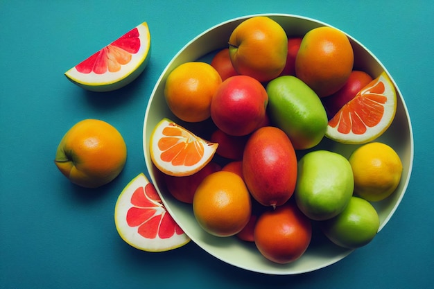 Fruit composition Sliced fruit lying in a plate mango mandarin orange apples lemon