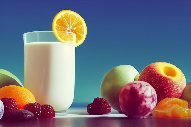 Fruit composition on the table Glass of yogurt and orange apples raspberries and other fruit