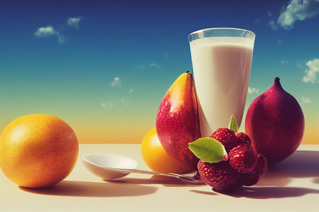 Fruit composition on the table Glass of yogurt pears orange raspberries and other fruits