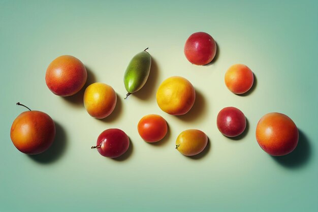 Fruit composition on turquoise background Pears apples lying on the surface