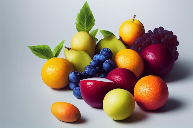 Fruit composition white Sliced oranges pears apples grapes tangerines lying on the surface