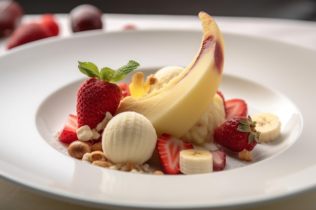 A fruit dessert with bananas, strawberries, and nuts on a plate