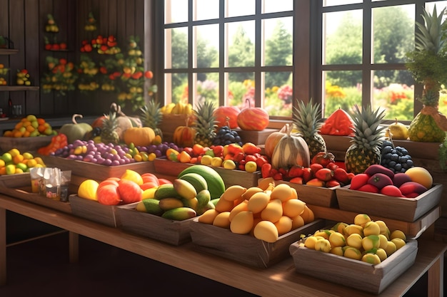 A fruit display in a store with a window behind it