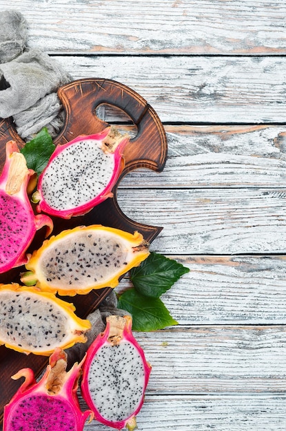 Fruit dragon on a white wooden background Tropical Fruits