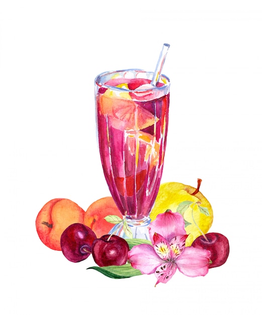 Fruit drink (juice, cocktail) in glass with fruits, berries and flower.