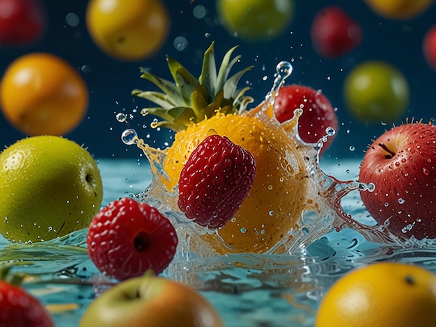 Photo fruit explosion with transparent water front view 24mp hdr sony alpha