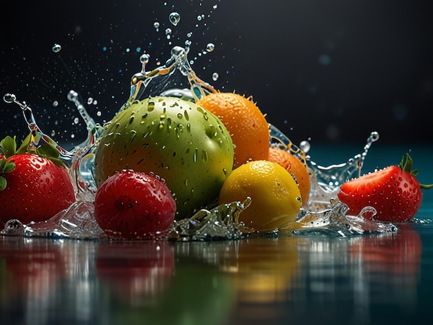 Photo fruit explosion with transparent water front view 24mp hdr sony alpha