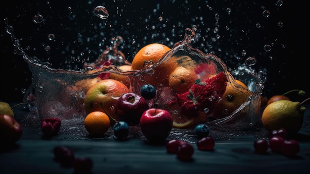 Fruit falling into a bowl with water splashing around it