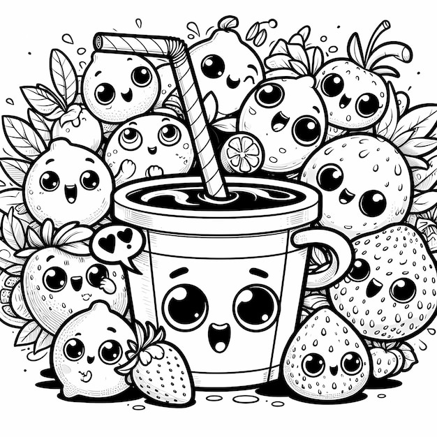 Fruit Fiesta Black and White Cartoon Fruit Characters and Cup Coloring Page