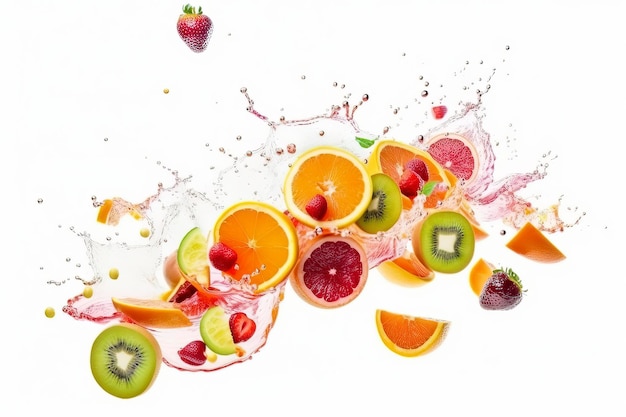 Fruit flying in the air splashing water AI technology generated image