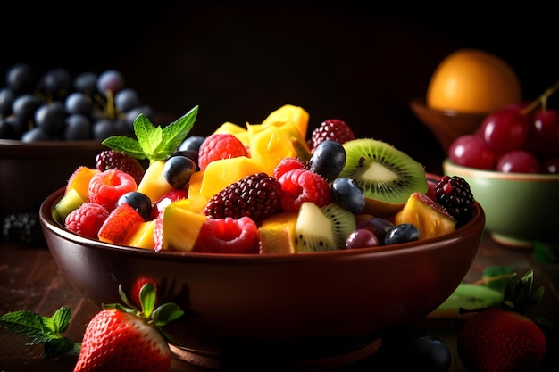 Fruit fresh salad with various fruits in bowl on black background