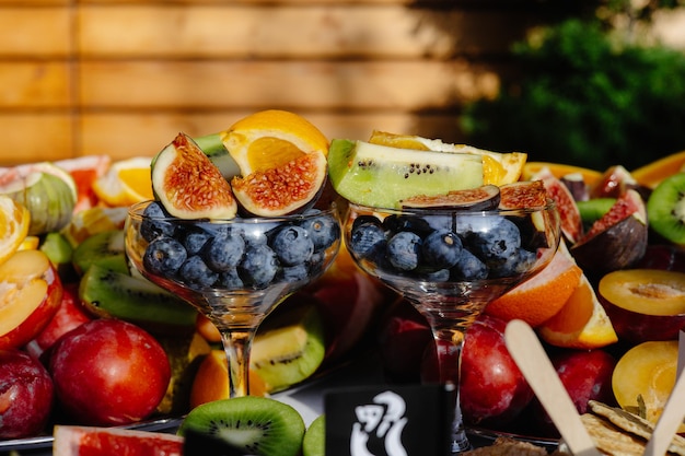 Fruit in a glass salad made from tasty and exotic fruits