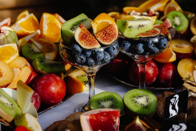 Fruit in a glass salad made from tasty and exotic fruits