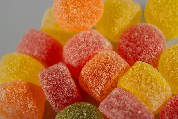 Fruit gummies collection with sugar close up