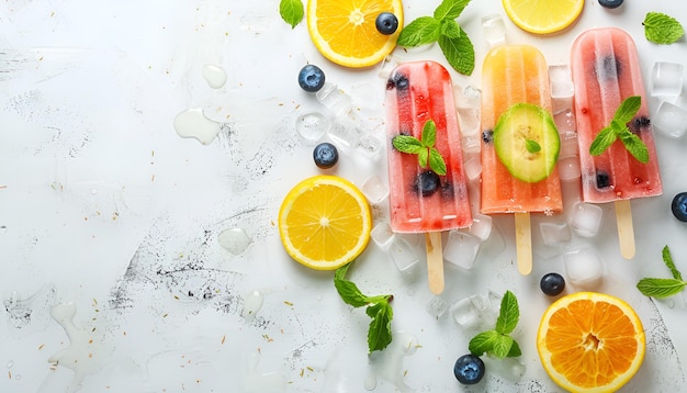 Photo fruit ice from watermelon orange and blueberries with mint leaves top view of a summer dessert with space for text