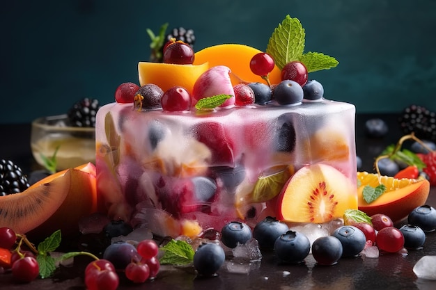 Fruit ice Fruits in ice refreshing concept Generative AI